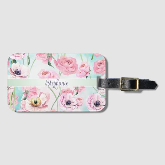 Mooie Elegante Roze Bloemen Rozen Monogram met Bagagelabel (Voorkant (horizontaal))