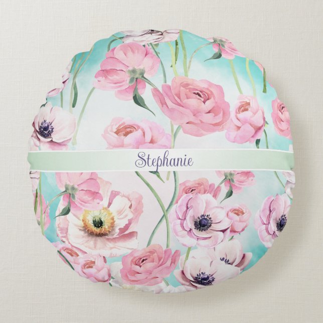Mooie Elegante Roze Bloemen Rozen Monogram met Rond Kussen (Voorkant)