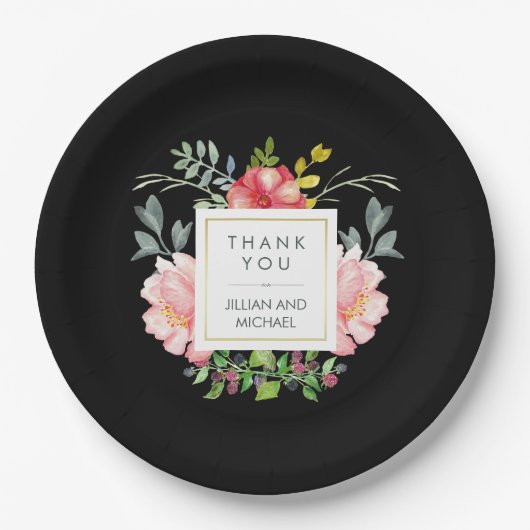 Mooie Elegante Waterverf Pioenrozen op Zwart Papieren Bordje (Voorkant)