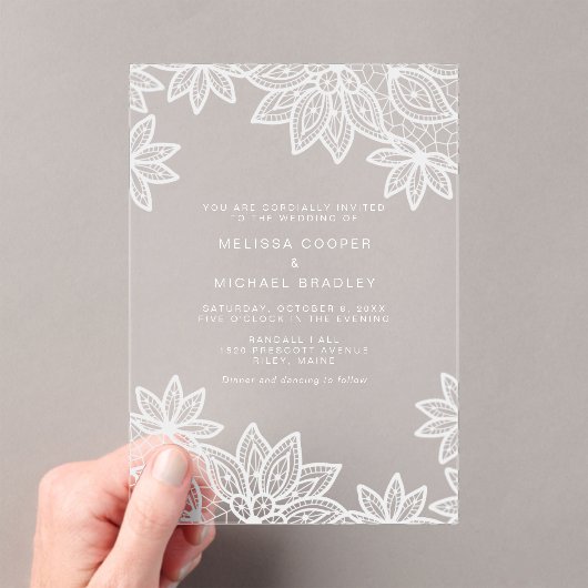 Mooie elegante witte kant bruiloft acryl uitnodigingen (Insitu (Draagbaar))