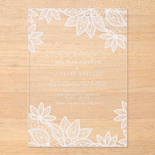 Mooie elegante witte kant bruiloft acryl uitnodigingen (Voorkant)