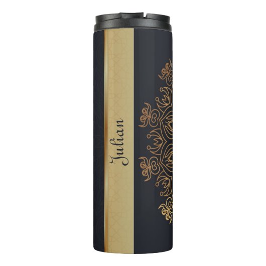 Mooie Elegante Zwarte Faux Gouden Mandala Thermosbeker (Achterkant)