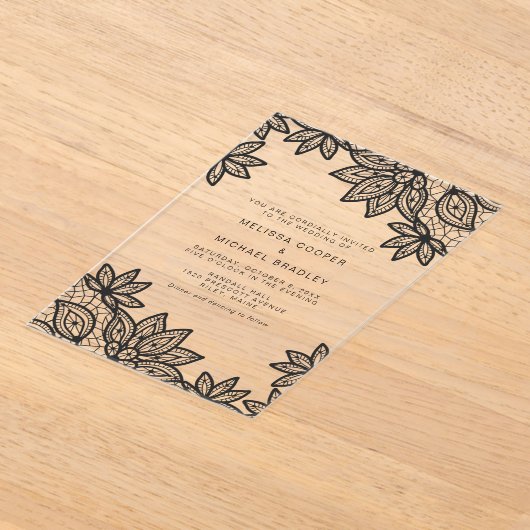 Mooie elegante zwarte kant bruiloft acryl uitnodigingen (Laagn)