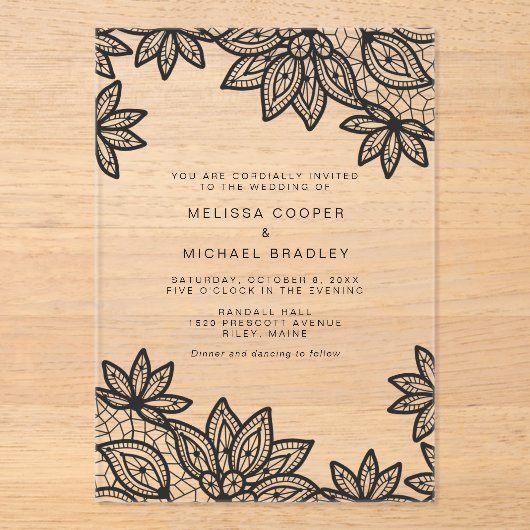 Mooie elegante zwarte kant bruiloft acryl uitnodigingen (Voorkant)