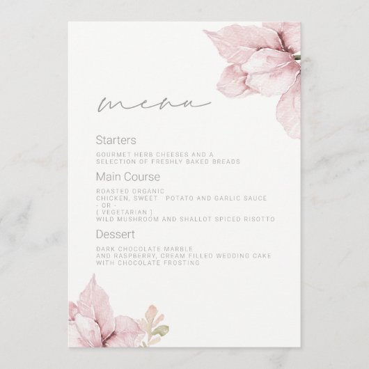 Mooie Elegantie Blush Bloemen Bruiloft Menu (Voorkant)