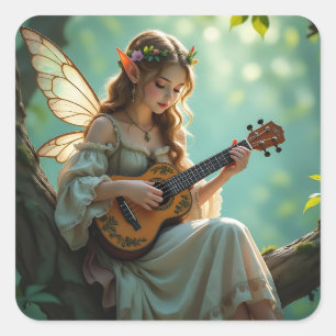 Mooie Elfenfee die Ukulele Speelt Vierkante Sticker