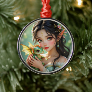Mooie Elfenfee & Draak Etherische Kerstmis Metalen Ornament