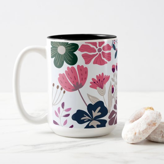 Mooie en charmante moderne bloemen tweekleurige koffiemok (Met donut)