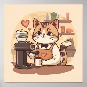 Mooie en grappige gezellige cartoon barista kat po poster