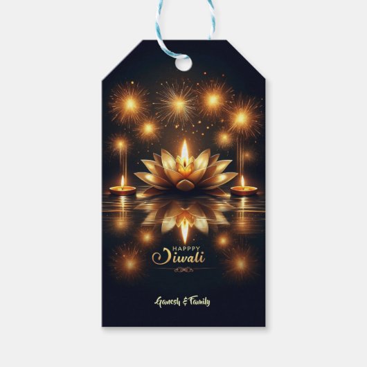 Mooie en heldere Diya in Lotus Diwali Cadeaulabel (Voorkant)