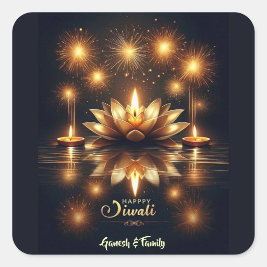 Mooie en heldere Diya in Lotus Diwali Vierkante Sticker (Voorkant)