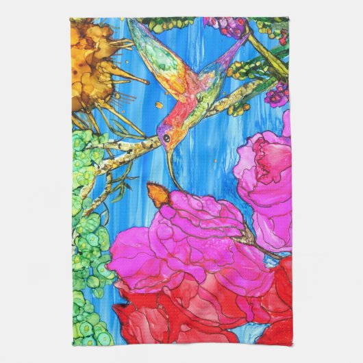 Mooie en kleurrijke Hummingbird keukenhanddoek (Verticaal)