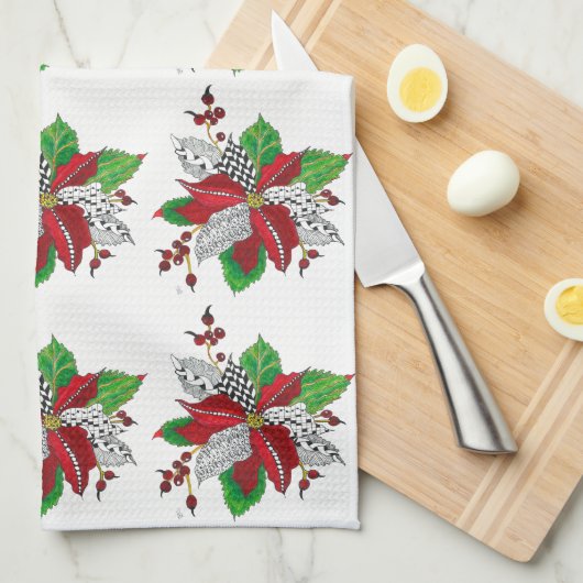 Mooie en kleurrijke Poinsettia keukenhanddoek (Quarter Fold)