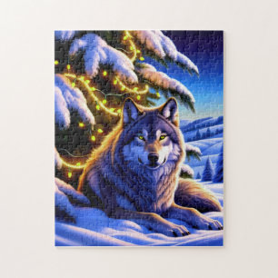 Mooie en majestueuze wolf door kerstboom legpuzzel