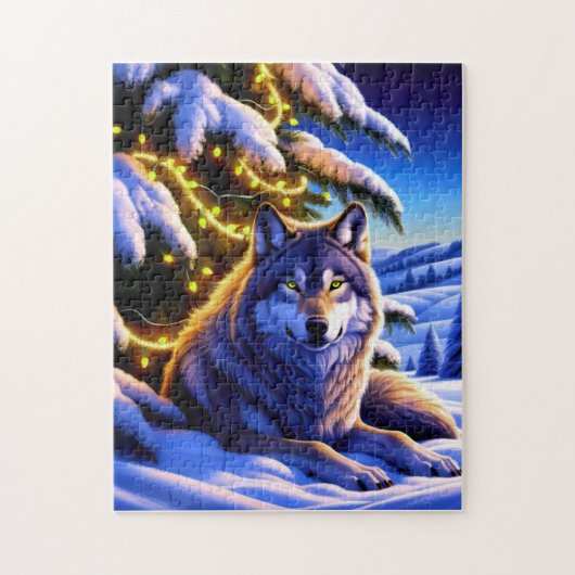 Mooie en majestueuze wolf door kerstboom legpuzzel (Verticaal)