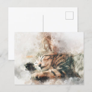 Mooie en schattige kitten slapen waterverf briefkaart