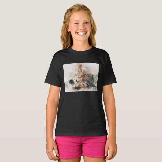 Mooie en schattige kitten slapen waterverf t-shirt (Voorkant volledig)