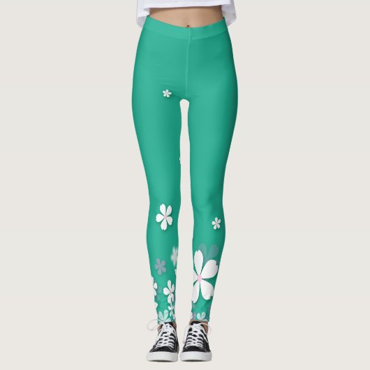 Mooie en schattige witte bloemen groene leggings (Voorkant)