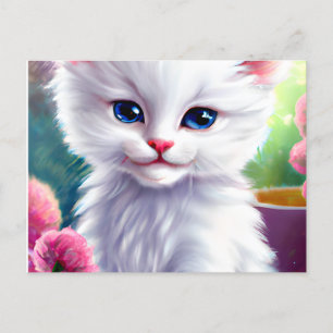 Mooie en Schattige Witte en Fluffy Kitten Briefkaart