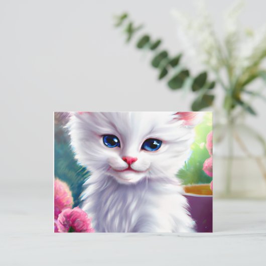 Mooie en Schattige Witte en Fluffy Kitten Briefkaart (Staand voorkant)