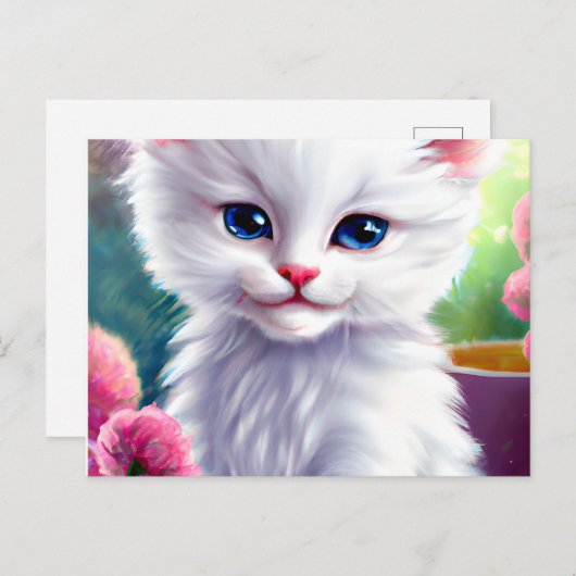Mooie en Schattige Witte en Fluffy Kitten Briefkaart (Voorkant / Achterkant)