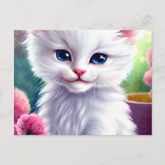 Mooie en Schattige Witte en Fluffy Kitten Briefkaart (Voorkant)