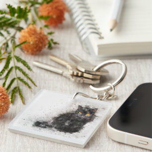 Mooie en trendy zwarte kat in distressed foto sleutelhanger
