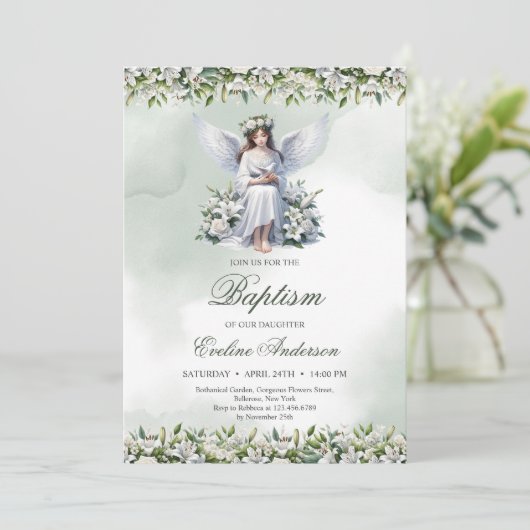 Mooie engel met duif witte lelies Doop Kaart (Staand voorkant)