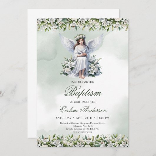 Mooie engel met duif witte lelies Doop Kaart (Voorkant / Achterkant)