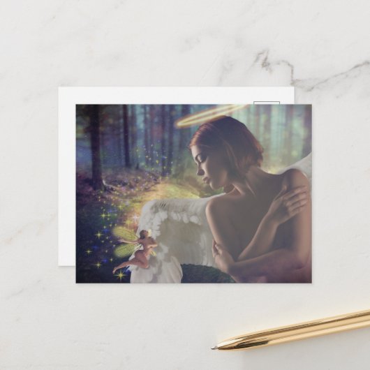 Mooie engel met Fairy Fantasy Art Briefkaart (Voorkant / Achterkant in situ)