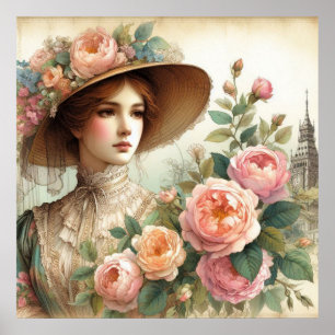 Mooie  Engels Victoriaans Lady en Rozen Poster