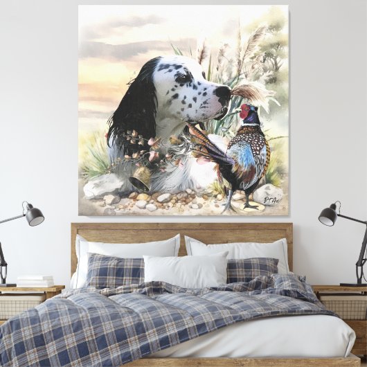 Mooie Engelse Setter met fazant , Art Canvas Afdruk (Insitu (Slaapkamer))