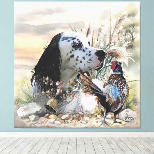 Mooie Engelse Setter met fazant , Art Canvas Afdruk (Insitu (Houten vloer))