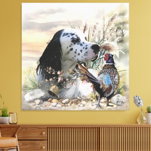Mooie Engelse Setter met fazant , Art Canvas Afdruk (Insitu (Woonkamer))