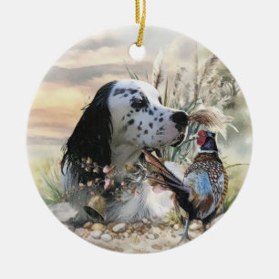 Mooie Engelse Setter met fazant , Art Keramisch Ornament