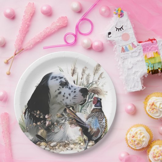 Mooie Engelse Setter met fazant , Art Papieren Bordje (Feest)