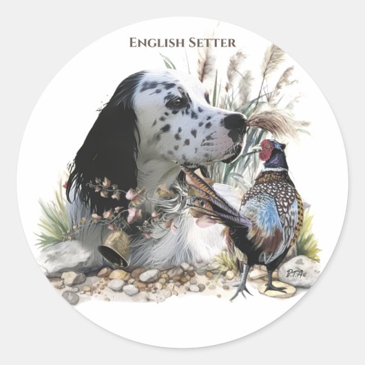 Mooie Engelse Setter met fazant , Art Ronde Sticker (Voorkant)