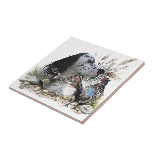Mooie Engelse Setter met fazant , Art Tegeltje (Zijkant)