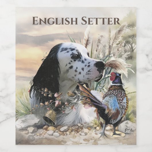 Mooie Engelse Setter met fazant , Art Wijn Etiket (Enkel label)