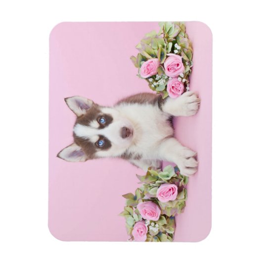 Mooie estige puppy met roze rozen magneet (Verticaal)