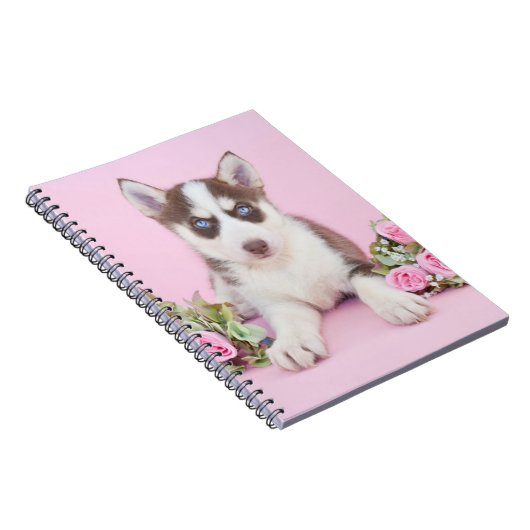 Mooie estige puppy met roze rozen notitieboek (Rechterzijde)