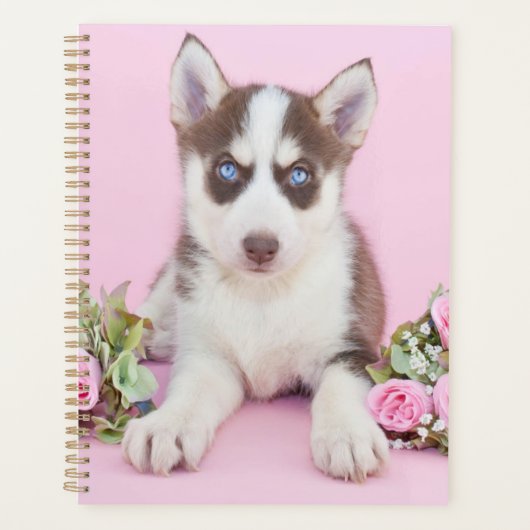 Mooie estige puppy met roze rozen planner (Voorkant)