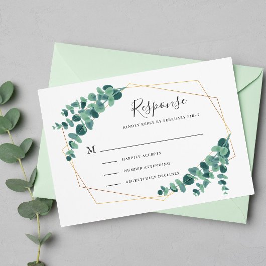 Mooie Eucalyptus geometrische bruiloft RSVP Kaarte