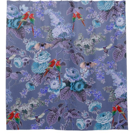 Mooie exotische vogel, blauwe achtergrond douchegordijn (Voorkant)