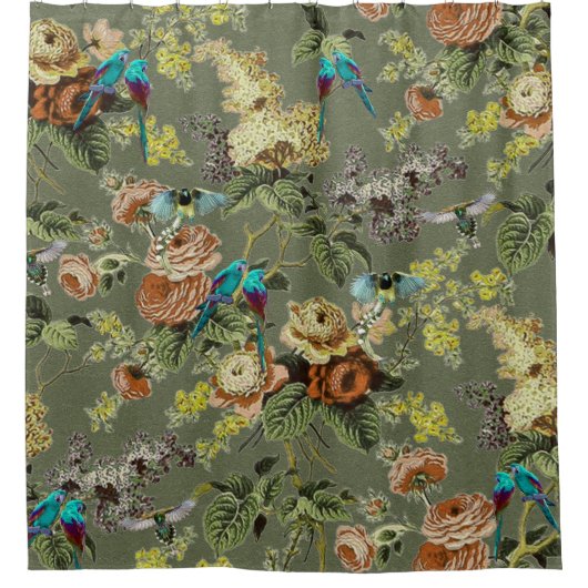 Mooie exotische vogel, Moerasgroene achtergrond Douchegordijn (Voorkant)