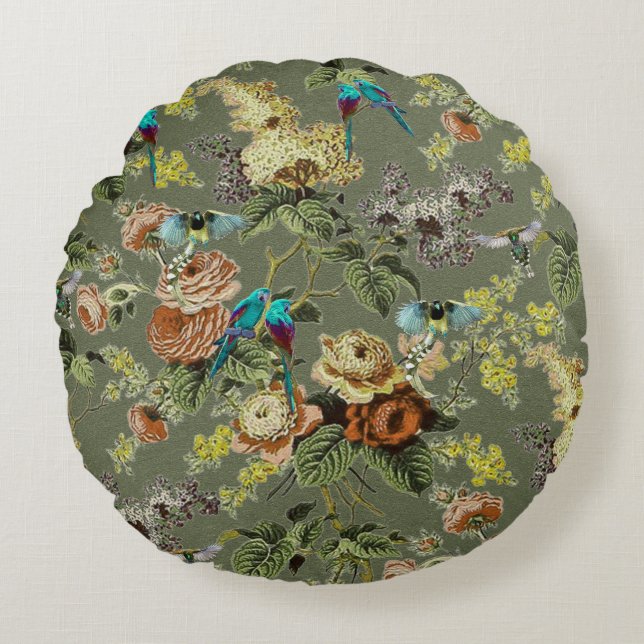 Mooie exotische vogel, Moerasgroene achtergrond Rond Kussen (Voorkant)