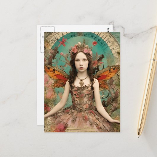 Mooie Fairy Mixed Media Collage Briefkaart (Voorkant / Achterkant in situ)