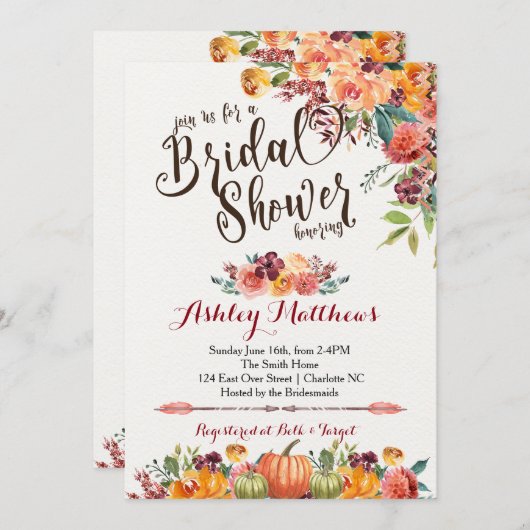 Mooie FalFloral Bruidsdouche Uitnodiging, Baby Kaart (Voorkant / Achterkant)