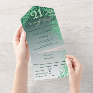 Mooie Falling Green Glitter 21e verjaardag All In One Uitnodiging