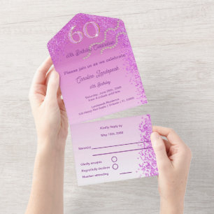 Mooie Falling Pink Glitter 60e verjaardag All In One Uitnodiging